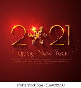 Happy New Year 2021 text design. Vector greeting illustration with golden numbers and snowflake