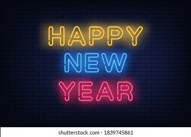 Happy New year 2021 text neon vector. Modern trendy design, night sign.