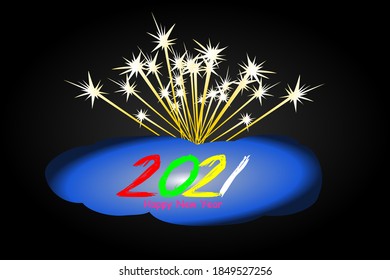 Happy New Year 2021 text design. Vector illustration of greeting with fireworks.