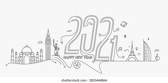 Happy New Year 2021 Text with travel world Design Patter, Vector illustration.