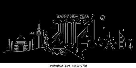 Happy New Year 2021 Text with travel world Design Patter, Vector illustration.