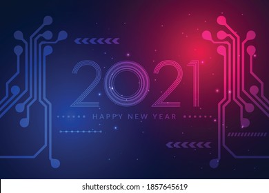 Happy New Year 2021 Text Design. Futuristic Technology Background. Vector Illustration