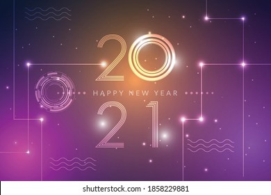 Happy New Year 2021 text design. Futuristic technology background. Vector illustration