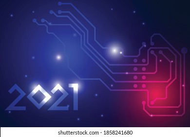 Happy New Year 2021 text design. Futuristic technology background. Vector illustration