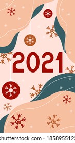 Happy new year 2021 text. Figures among flowing shapes, Christmas balls in pastel colors. Template for your holiday flyers, greeting and invitation cards, website headers, advertisements. Vector.