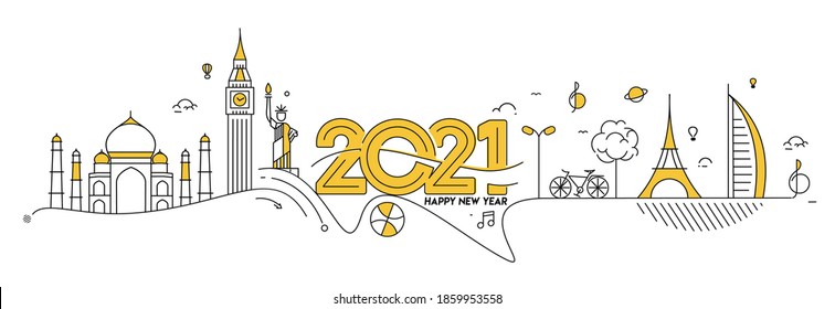 Happy New Year 2021 Text with travel world Design Patter, Vector illustration.