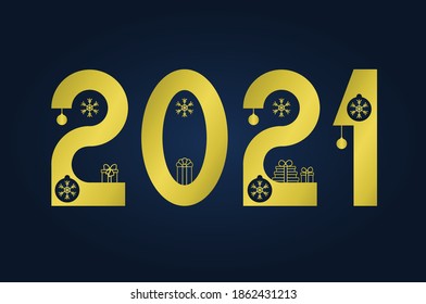 Happy new year 2021 text. Gold Figures with a Christmas tree, gifts, balls. Template for your holiday flyers, greeting and invitation cards, website headers, advertisements. Vector.