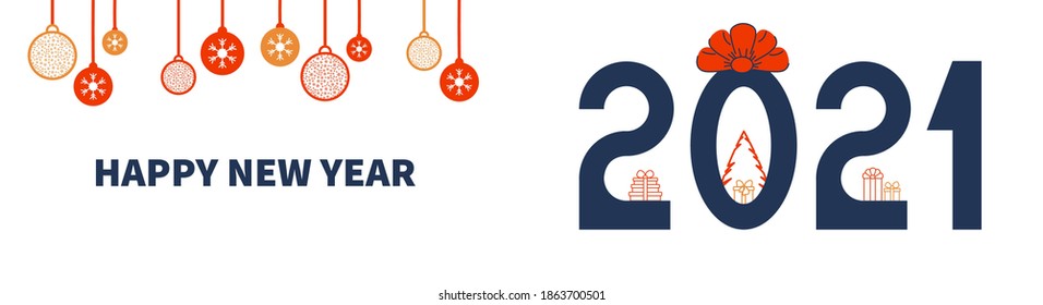 GLÜCKLICH NEUER JAHR 2021 Text. Figuren, Tannenbaum und Geschenke. Horizontale Banner-Vorlage für Ihre Ferienflyer, Gruß- und Einladungskarten, Website-Kopfzeilen, Werbung. Vektorgrafik