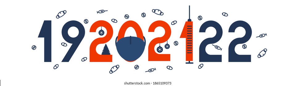 HAPPY NEW YEAR 2021 text. Figures, syringe, pills, mask. Hope for vaccination against covid-19 virus. Horizontal banner template for your flyers, postcards, website headers, advertisements. Vector .