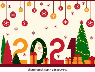 Happy new year 2021 text. Decorated Figures in a garland with gifts and Christmas tree. Template for your holiday flyers, greeting and invitation cards, website headers, advertisements. Vector.