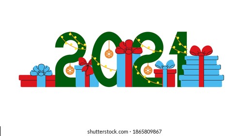 Happy new year 2021 text. Figures with garlands among gifts. Template for your holiday flyers, greeting and invitation cards, website headers, advertisements. Vector illustration