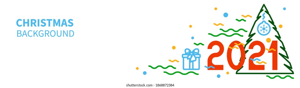 HAPPY NEW YEAR 2021 text. Figures, spruce, balls and gifts. Horizontal banner template for your holiday flyers, greeting and invitation cards, website headers, advertisements. Vector illustration