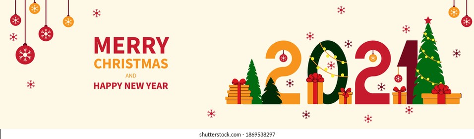 HAPPY NEW YEAR 2021 text. Figures, spruce, balls and gifts. Horizontal banner template for your holiday flyers, greeting and invitation cards, website headers, advertisements. Vector illustration
