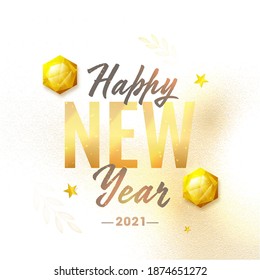 Feliz Ano Novo 2021 Texto com formas de hexágono 3D, estrelas e textura de folha dourada no fundo branco.