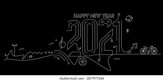 Happy New Year 2021 Text with travel world Design Patter, Vector illustration.