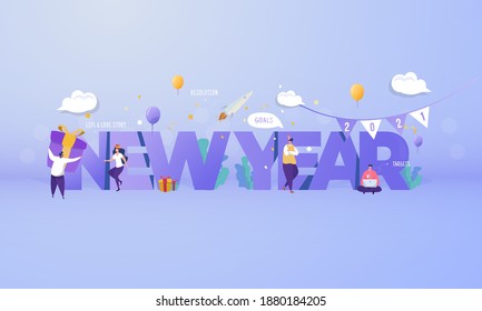 Happy new year 2021 with trendy text of new year and people character illustration concept
