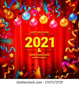 Happy new year 2021 typography vector design for greeting cards and posters with Christmas balls confetti, design template for new year celebrations. Against the curtain.