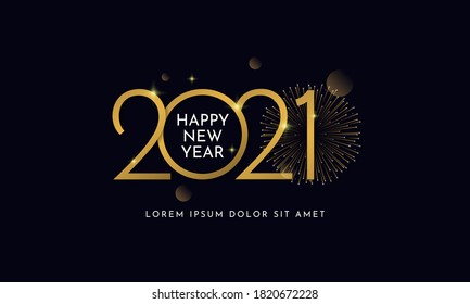 Happy new year 2021 typography text celebration social media poster vector design. Professional elegant golden customized number with fireworks explosion on dark sky background.