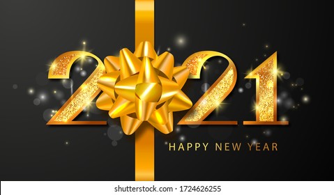 Happy New Year 2021 vector background with golden numbers, bow and sparkles. Holiday symbol template.Greeting card design template.