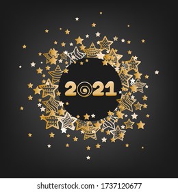 Happy new year 2021! Vector numbers with gold starry decoration on a dark background. Illustration for a holiday décor.