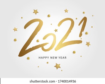 Happy New Year 2021. Vector holiday illustration with 2021 logo text design, sparkling confetti and shining golden stars on white background.