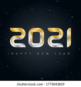 Happy new year 2021 vector background with gold and silver letters and numbers. Brochure design template. Cover of calendar with wishes. Holiday greeting card with confetti and glitter.