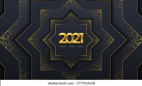 Happy New Year 2021. Vector holiday illustration. Gold figures on black textured backgrounds with sparkling glitter. A festive event banner with a ray of light. Modern poster or cover design