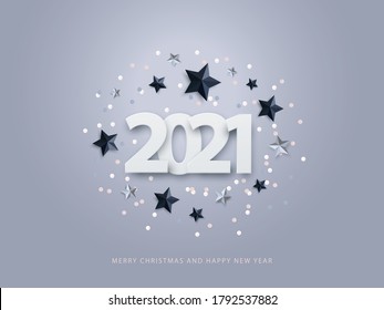 Happy New Year 2021. Vector illustration of paper cut 2021 with sparkling confetti, silver and black stars. Design for for seasonal holidays flyers, greetings and invitations, Christmas themed cards