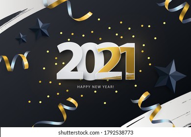 Happy New Year 2021. Vector illustration of paper cut 2021 with sparkling confetti, silver and black stars. Design for for seasonal holidays flyers, greetings and invitations, Christmas themed cards