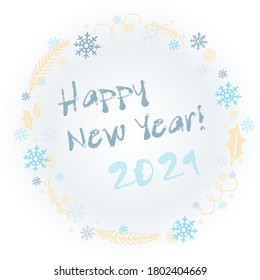 Happy new year 2021. Vector lettering with a wreath of serpentine, snowflakes, Christmas tree branch and Poinsettia leaf on gradient background.