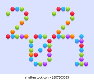 Happy New Year 2021 Vector Circle Art typography. Holidays greeting card illustration. Letters from circle and dots. Geometric New year Posters like electronic scoreboard.