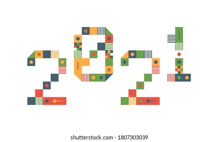 Happy New Year 2021 Vector Pixel Art typography. Holidays greeting card illustration. Letters from Strips, squares and dots. Geometric New year Posters like electronic scoreboard.