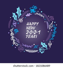 Happy new year 2021. Vector lettering with a wreath of branches, Christmas toys and dots on dark blue background with gradient