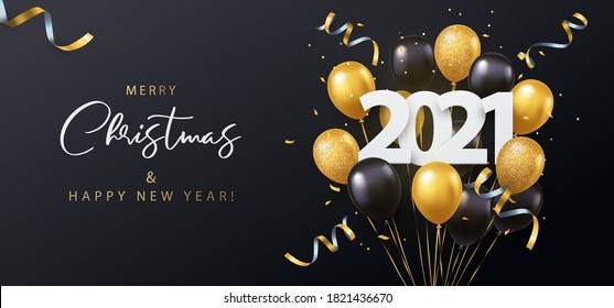 Happy New Year 2021. Vector illustration of paper cut 2021 with sparkling confetti, tinsel, gold and black 3d realistic flying balloons. Design for seasonal holidays flyers, greetings and invitations