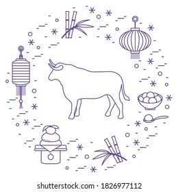 Happy New Year 2021 Vector illustration bull, lanterns, traditional food, bamboo, orange. Ox zodiac sign, symbol of 2021 on Chinese calendar. Year of the bull. Chinese horoscope. Design for web, print