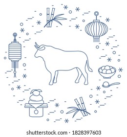 Happy New Year 2021 Vector illustration bull, lanterns, traditional food, bamboo, orange. Ox zodiac sign, symbol of 2021 on Chinese calendar. Year of the bull. Chinese horoscope. Design for web, print