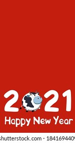 Happy New Year 2021 vector background with copyspace and white figures and symbol of the year Bull, Ox or Cow. Vision vertical illustration is suitable for a stories, greeting card and social media
