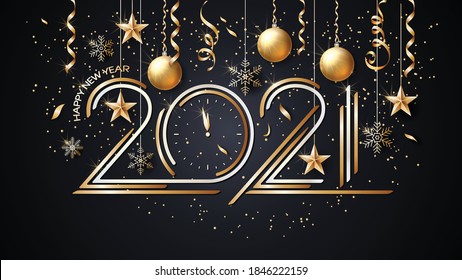 Happy New Year. 2021. Vector. Christmas star. Greeting Card. Golden  inscription on a black background. Confetti, golden balls and ribbons. Template for the design of greetings, invitations.