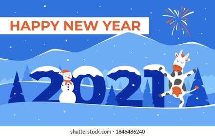 Happy New Year 2021 Vector greeting illustration with cow and snowman