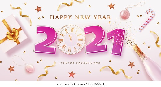 Happy New Year 2021. Vector background with realistic festive objects