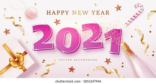 Feliz Año Nuevo 2021. Fondo vectorial con objetos festivos realistas