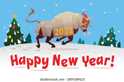 Happy New Year 2021. Vector illustration. White iron bull, symbol of the new year 2021 on the Eastern calendar. On the background of Christmas trees in a snow-covered field.