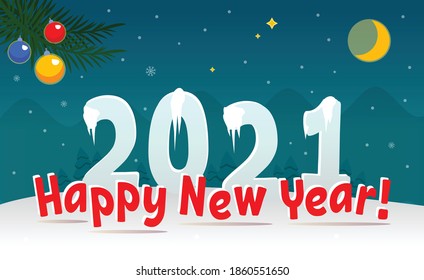 Happy New Year 2021. Vector illustration with ice numbers and snowflakes in the moony night.