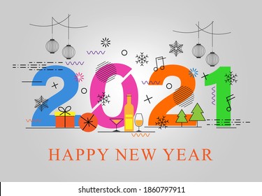Happy new year 2021 Vector illustration on gray background with snowflakes, gifts and different types of decorating items.