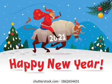 Happy New Year 2021. Vector illustration. Santa Claus rides a white iron bull, the symbol of the happy new year in the Eastern calendar.