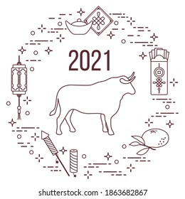Frohes Neujahr 2021 Vektorgrafik Bull, chinesische Laterne, Tangengerine, Umschlag, Feuerwerk, Ingots. Ox zodiac Zeichen, Symbol von 2021 auf dem chinesischen Kalender. Jahr des Stiers. Chinesisches Horoskop. Feiertag