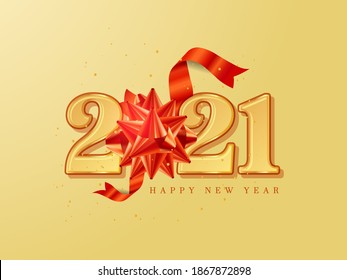 Happy New Year 2021 Vector greeting Background with Golden letters and Gifting Bow for banner, Flyer, social media, print, poster, web.