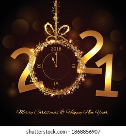 Happy New Year 2021 - Vector New Year background with gold clock on shining black background