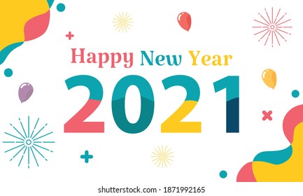 Happy New Year 2021 vector illustration isolated on white color background. include balloon, firework, etc. good for greeting cards, banners, web, parties and others.