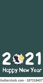 Happy New Year 2021 vector background Tidewater Green with copyspace, text and symbol of the year Bull, Ox or Cow. Vision vertical illustration is suitable for a stories, greeting card and social